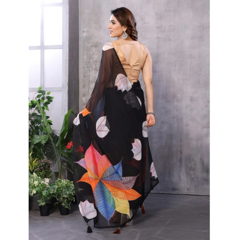 Mayawye Women's Small Lace Georgette Printed Ready-to-Wear Saree With Unstitched Blouse 5.5 Mtr (Black)