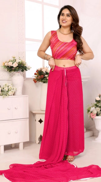 Mayawye Women's Small Lace Georgette Embellished Ready-to-Wear Saree With Unstitched Blouse 5.5 Mtr (Dark Pink)