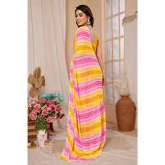 Mayawye Women's Small Lace Georgette Striped Ready-to-Wear Saree With Unstitched Blouse 5.5 Mtr (Yellow-Pink)