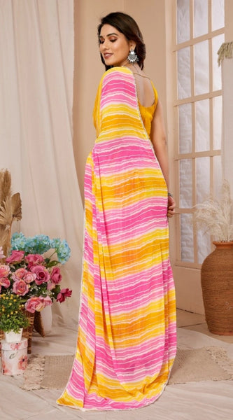 Mayawye Women's Small Lace Georgette Striped Ready-to-Wear Saree With Unstitched Blouse 5.5 Mtr (Yellow-Pink)