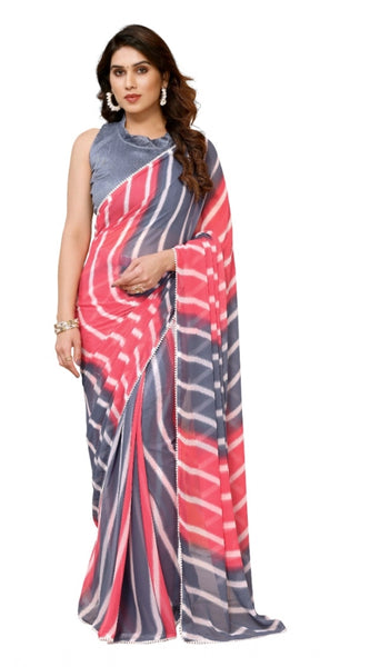 Mayawye Women's Small Lace Georgette Striped Ready-to-Wear Saree With Unstitched Blouse 5.5 Mtr (Pink)