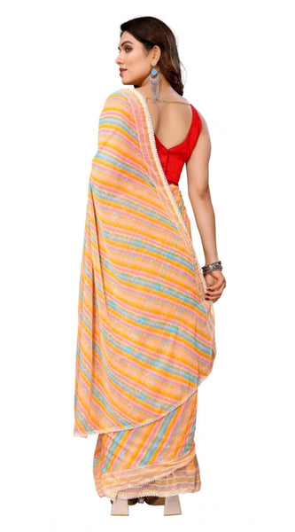 Mayawye Women's Small Lace Georgette Striped Ready-to-Wear Saree With Unstitched Blouse 5.5 Mtr (Yellow)
