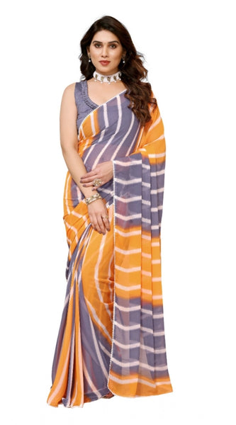 Mayawye Women's Small Lace Georgette Striped Ready-to-Wear Saree With Unstitched Blouse 5.5 Mtr (Orange-Grey)