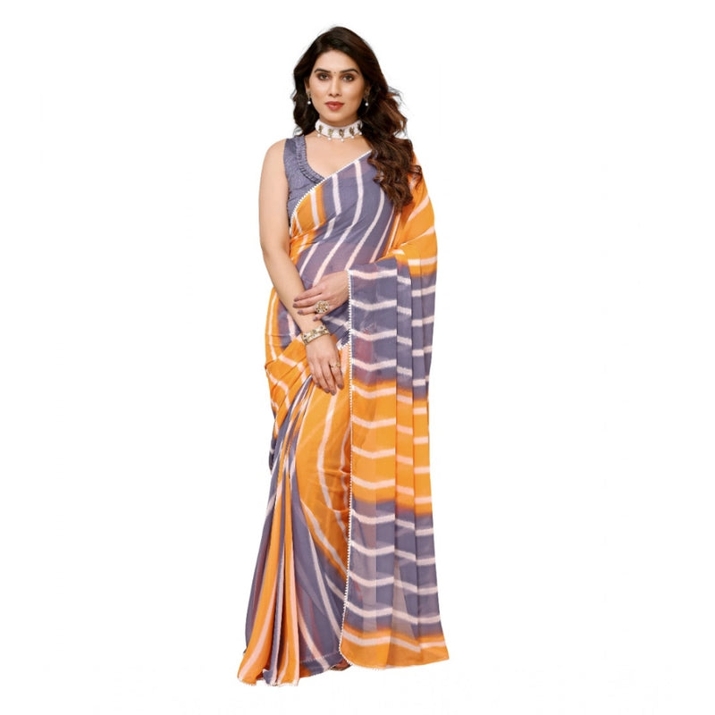 Mayawye Women's Small Lace Georgette Striped Ready-to-Wear Saree With Unstitched Blouse 5.5 Mtr (Orange-Grey)