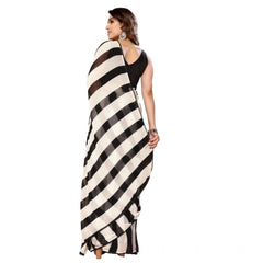 Mayawye Women's Small Lace Georgette Striped Ready-to-Wear Saree With Unstitched Blouse 5.5 Mtr (Black-White)