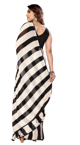 Mayawye Women's Small Lace Georgette Striped Ready-to-Wear Saree With Unstitched Blouse 5.5 Mtr (Black-White)