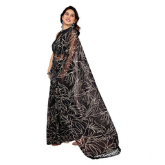Mayawye Women's Zalar Lace Georgette Printed Ready-to-Wear Saree With Unstitched Blouse 5.5 Mtr (Black)