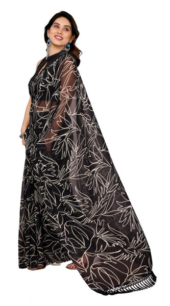 Mayawye Women's Zalar Lace Georgette Printed Ready-to-Wear Saree With Unstitched Blouse 5.5 Mtr (Black)
