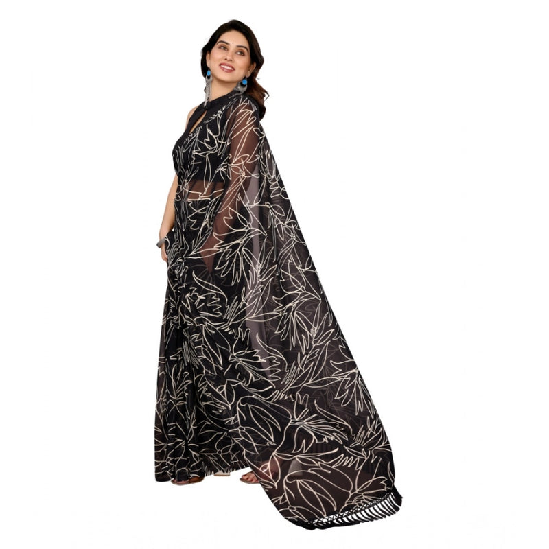 Mayawye Women's Zalar Lace Georgette Printed Ready-to-Wear Saree With Unstitched Blouse 5.5 Mtr (Black)