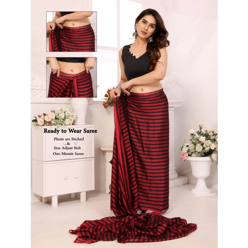 Mayawye Women's  Black Berry Striped Ready-to-Wear Saree With Unstitched Blouse 5.5 Mtr (Red-Black)