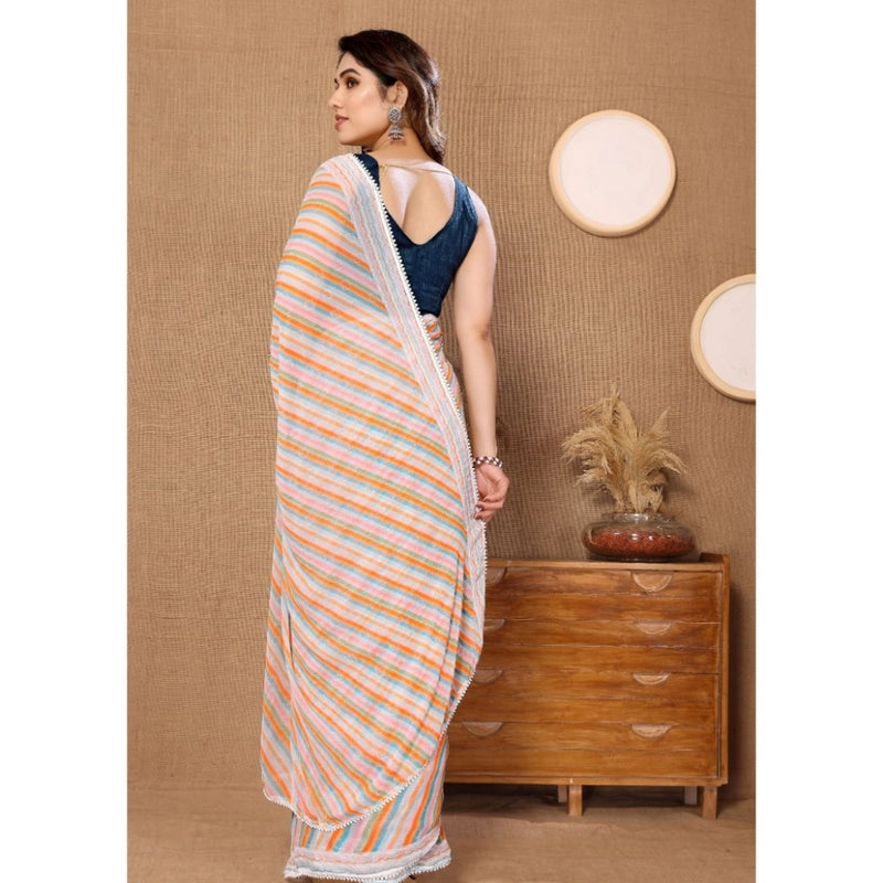 Mayawye Women's Small Lace Georgette Striped Ready-to-Wear Saree With Unstitched Blouse 5.5 Mtr (Orange)
