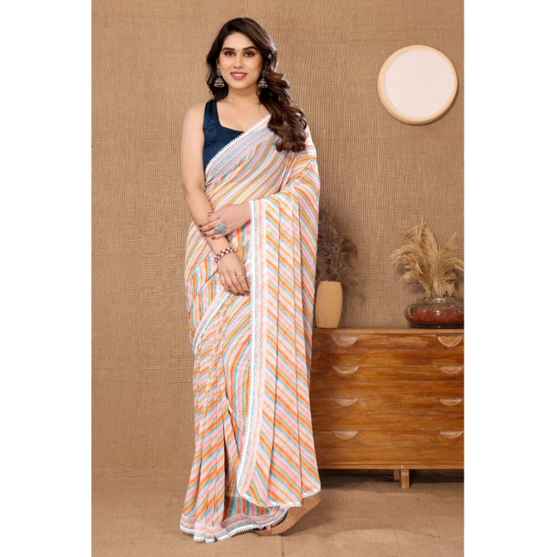 Mayawye Women's Small Lace Georgette Striped Ready-to-Wear Saree With Unstitched Blouse 5.5 Mtr (Orange)