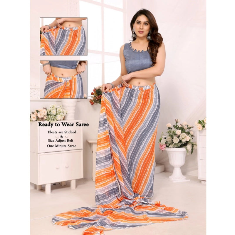 Mayawye Women's Small Lace Georgette Striped Ready-to-Wear Saree With Unstitched Blouse 5.5 Mtr (Grey)