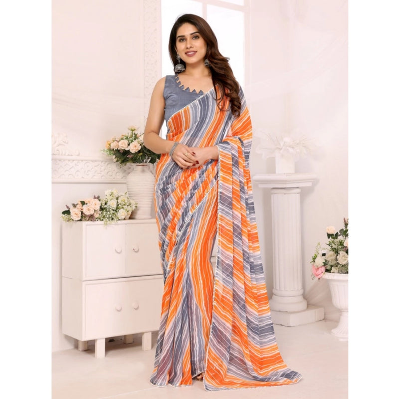 Mayawye Women's Small Lace Georgette Striped Ready-to-Wear Saree With Unstitched Blouse 5.5 Mtr (Grey)