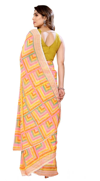 Mayawye Women's Small Lace Georgette Printed Ready-to-Wear Saree With Unstitched Blouse 5.5 Mtr (Yellow)