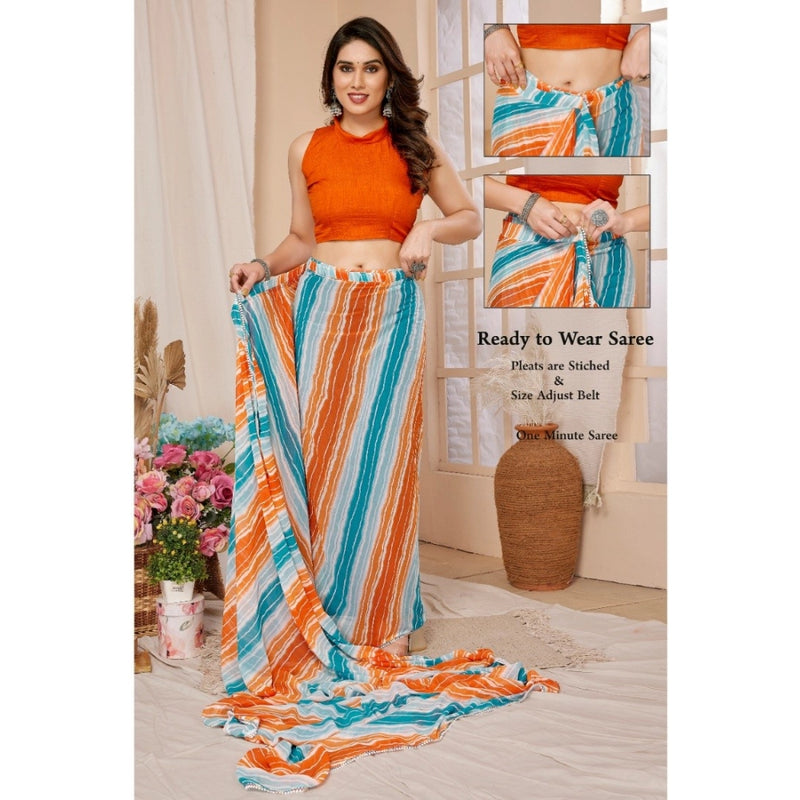 Mayawye Women's Small Lace Georgette Striped Ready-to-Wear Saree With Unstitched Blouse 5.5 Mtr (Multicolor)