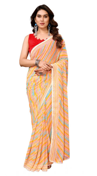 Mayawye Women's Small Lace Georgette Striped Ready-to-Wear Saree With Unstitched Blouse 5.5 Mtr (Yellow)