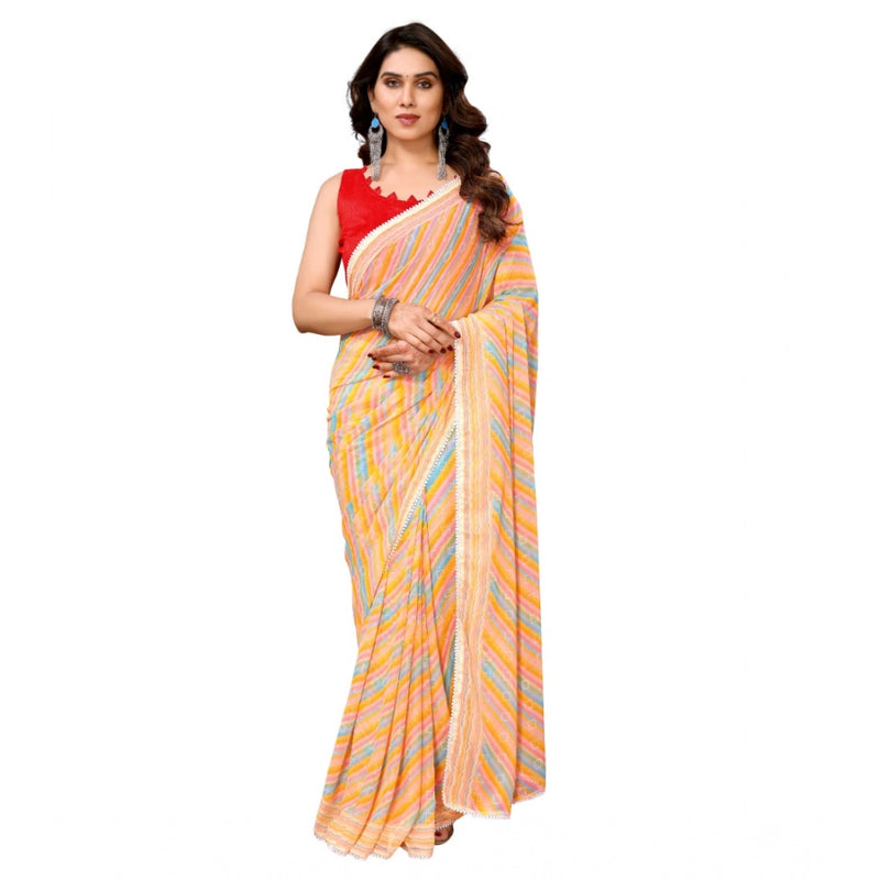 Mayawye Women's Small Lace Georgette Striped Ready-to-Wear Saree With Unstitched Blouse 5.5 Mtr (Yellow)