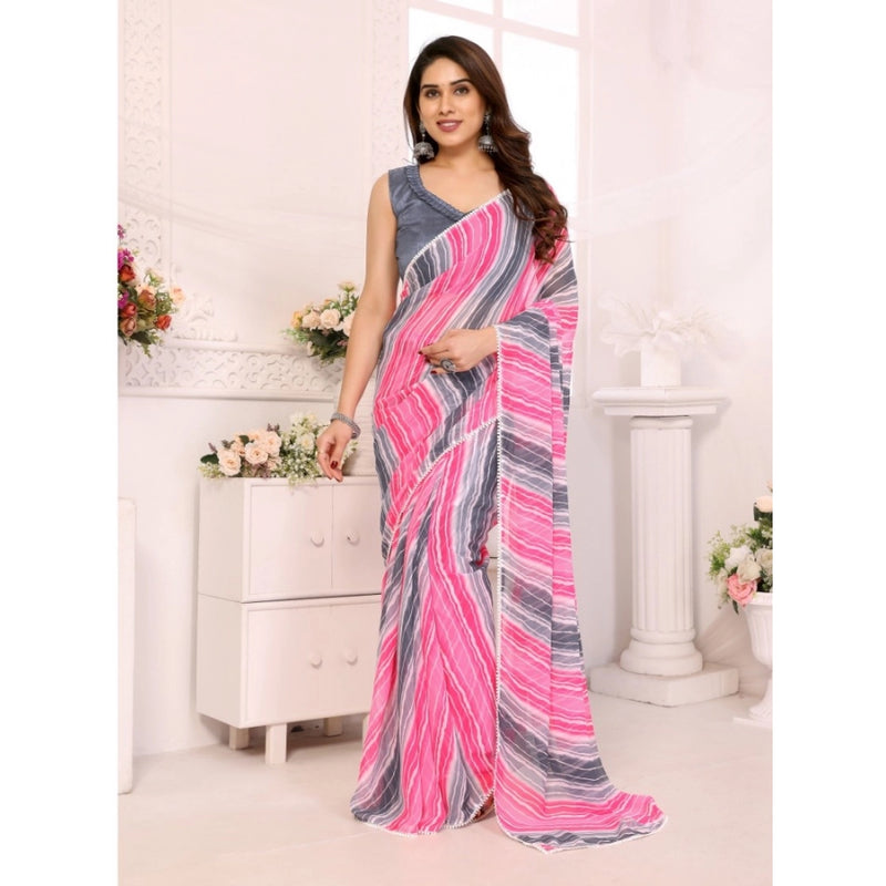 Mayawye Women's Small Lace Georgette Striped Ready-to-Wear Saree With Unstitched Blouse 5.5 Mtr (Grey)
