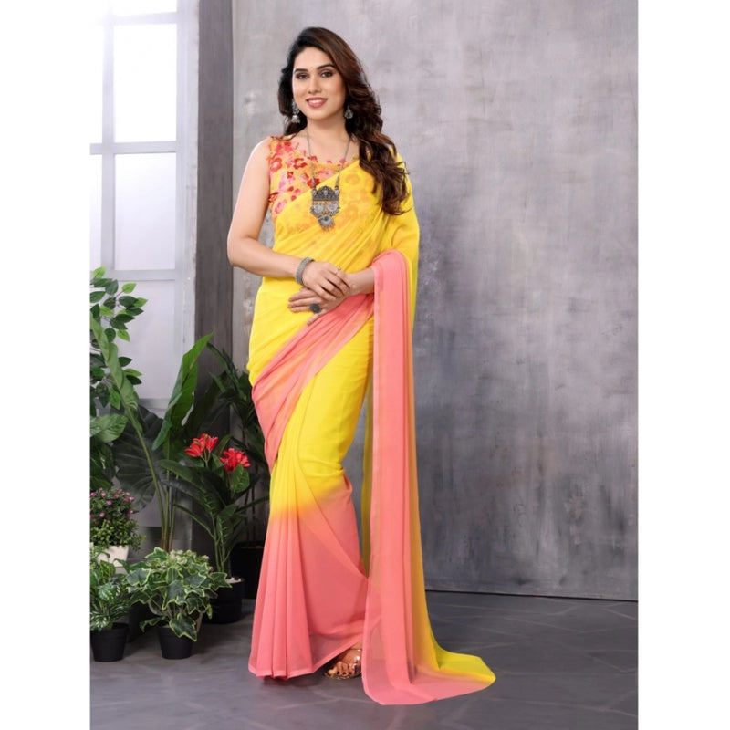 Mayawye Women's Small Lace Georgette Solid Ready-to-Wear Saree With Unstitched Blouse 5.5 Mtr (Pink-Yellow)