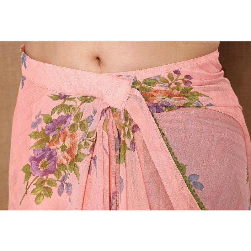 Mayawye Women's Small Lace Georgette Printed Ready-to-Wear Saree With Unstitched Blouse 5.5 Mtr (Peach)
