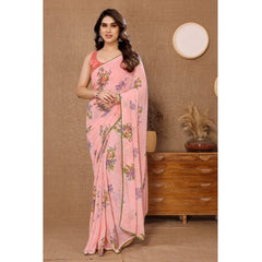 Mayawye Women's Small Lace Georgette Printed Ready-to-Wear Saree With Unstitched Blouse 5.5 Mtr (Peach)
