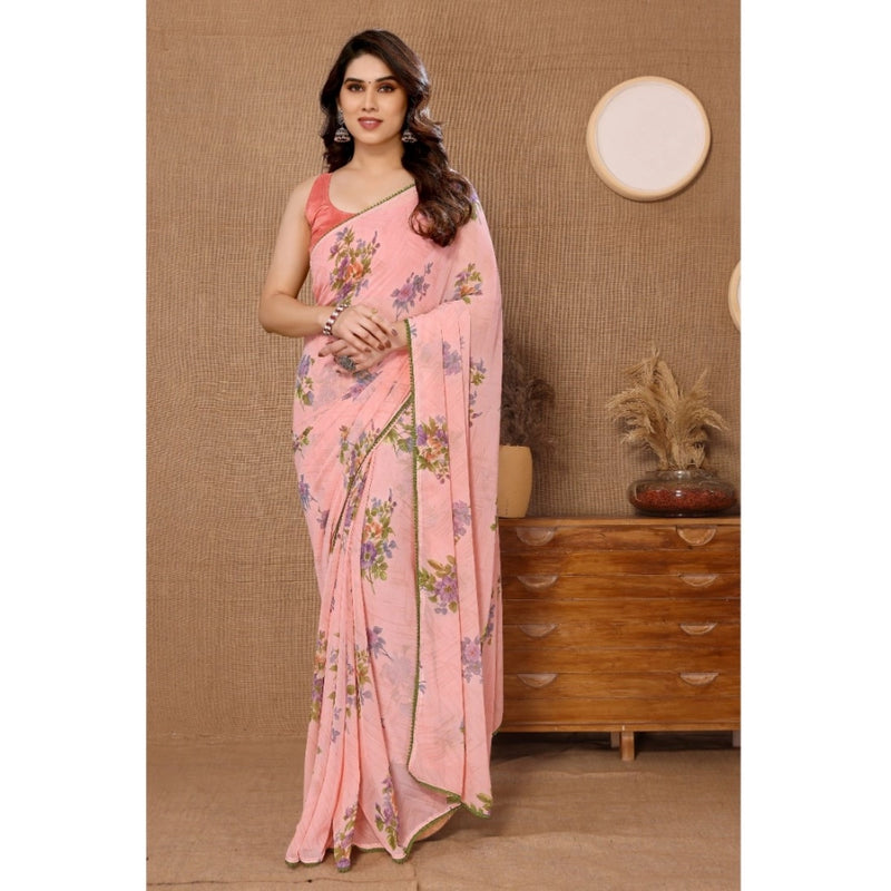 Mayawye Women's Small Lace Georgette Printed Ready-to-Wear Saree With Unstitched Blouse 5.5 Mtr (Peach)