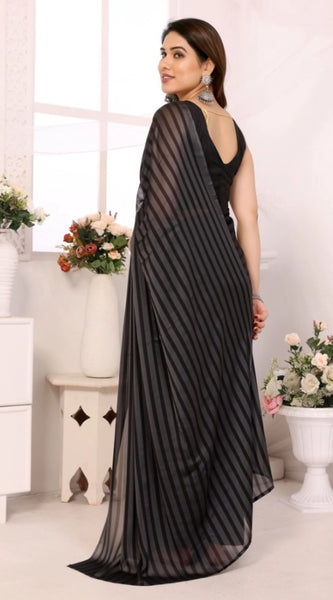 Mayawye Women's  Black Berry Striped Ready-to-Wear Saree With Unstitched Blouse 5.5 Mtr (Grey-Black)