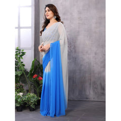 Mayawye Women's Small Lace Georgette Solid Ready-to-Wear Saree With Unstitched Blouse 5.5 Mtr (Grey-Blue)