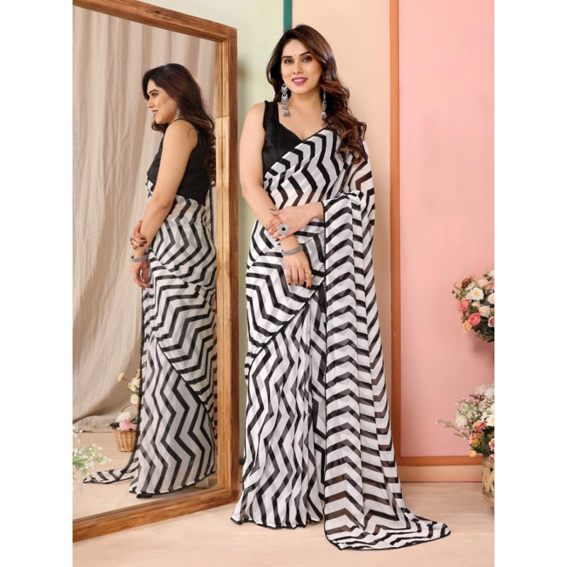 Mayawye Women's Small Lace Georgette Striped Ready-to-Wear Saree With Unstitched Blouse 5.5 Mtr (Black)