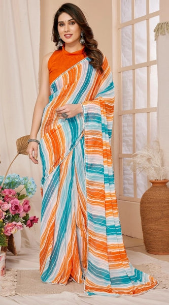 Mayawye Women's Small Lace Georgette Striped Ready-to-Wear Saree With Unstitched Blouse 5.5 Mtr (Multicolor)