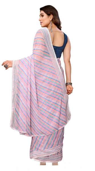 Mayawye Women's Small Lace Georgette Striped Ready-to-Wear Saree With Unstitched Blouse 5.5 Mtr (Purple)