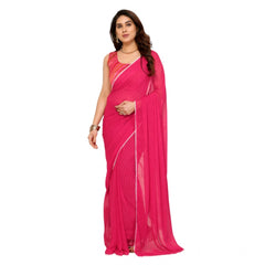 Mayawye Women's Small Lace Georgette Embellished Ready-to-Wear Saree With Unstitched Blouse 5.5 Mtr (Dark Pink)