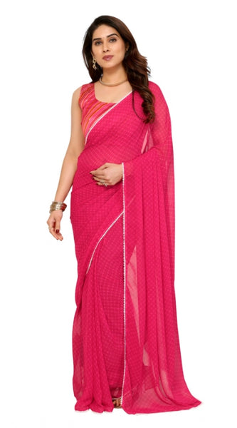 Mayawye Women's Small Lace Georgette Embellished Ready-to-Wear Saree With Unstitched Blouse 5.5 Mtr (Dark Pink)