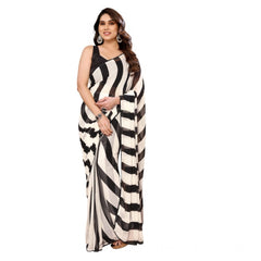 Mayawye Women's Small Lace Georgette Striped Ready-to-Wear Saree With Unstitched Blouse 5.5 Mtr (Black-White)