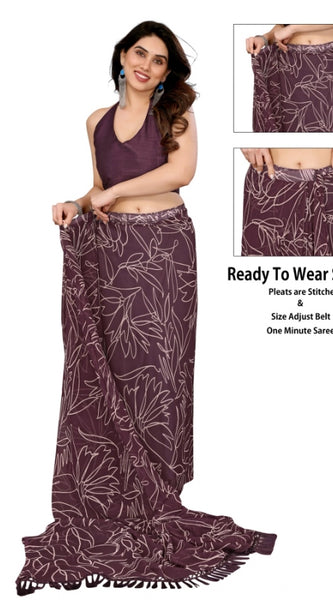 Mayawye Women's Zalar Lace Georgette Printed Ready-to-Wear Saree With Unstitched Blouse 5.5 Mtr (Wine)