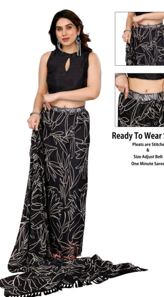 Mayawye Women's Zalar Lace Georgette Printed Ready-to-Wear Saree With Unstitched Blouse 5.5 Mtr (Black)
