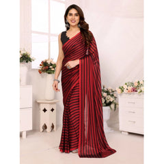 Mayawye Women's  Black Berry Striped Ready-to-Wear Saree With Unstitched Blouse 5.5 Mtr (Red-Black)