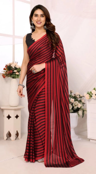 Mayawye Women's  Black Berry Striped Ready-to-Wear Saree With Unstitched Blouse 5.5 Mtr (Red-Black)