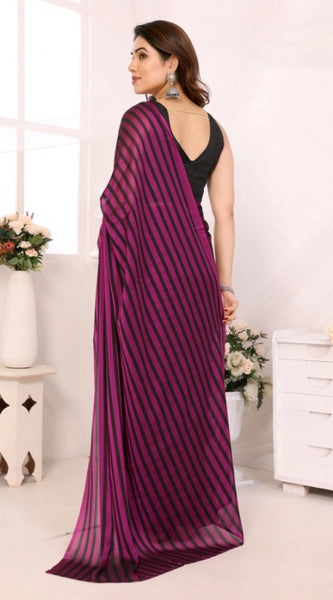 Mayawye Women's  Black Berry Striped Ready-to-Wear Saree With Unstitched Blouse 5.5 Mtr (Purple-Black)