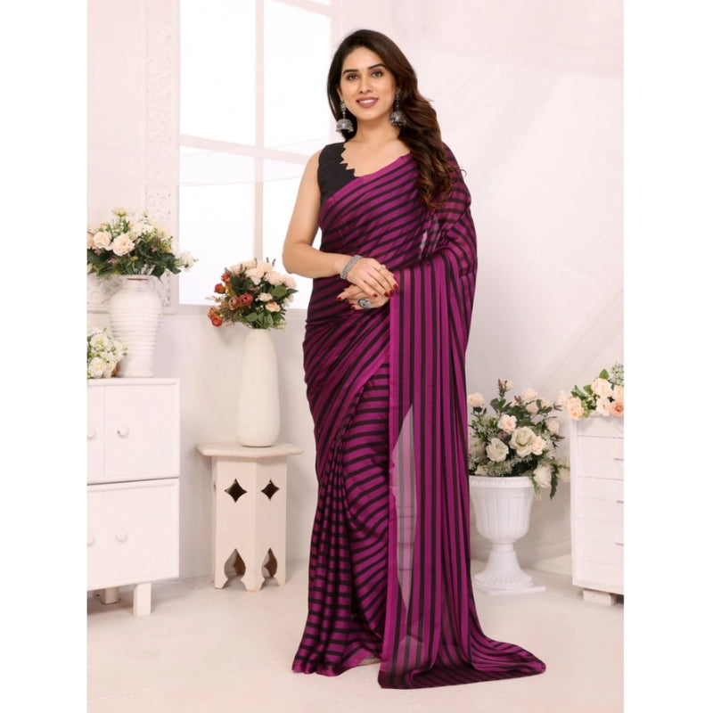 Mayawye Women's  Black Berry Striped Ready-to-Wear Saree With Unstitched Blouse 5.5 Mtr (Purple-Black)