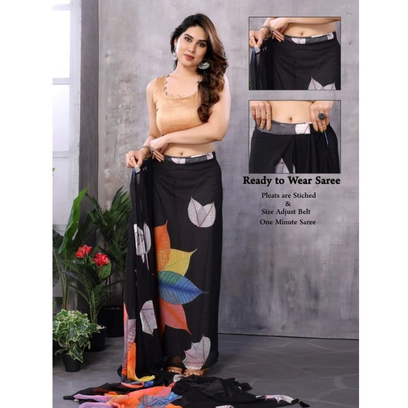 Mayawye Women's Small Lace Georgette Printed Ready-to-Wear Saree With Unstitched Blouse 5.5 Mtr (Black)