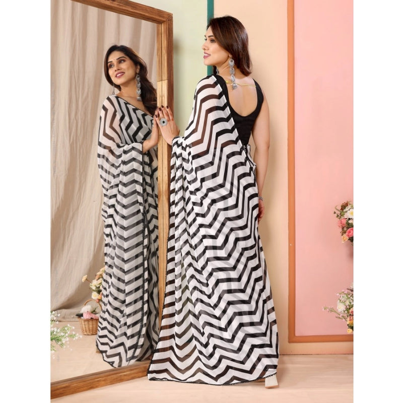 Mayawye Women's Small Lace Georgette Striped Ready-to-Wear Saree With Unstitched Blouse 5.5 Mtr (Black)