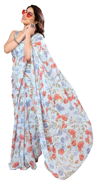 Mayawye Women's Small Lace Georgette Printed Ready-to-Wear Saree With Unstitched Blouse 5.5 Mtr (Sky Blue)