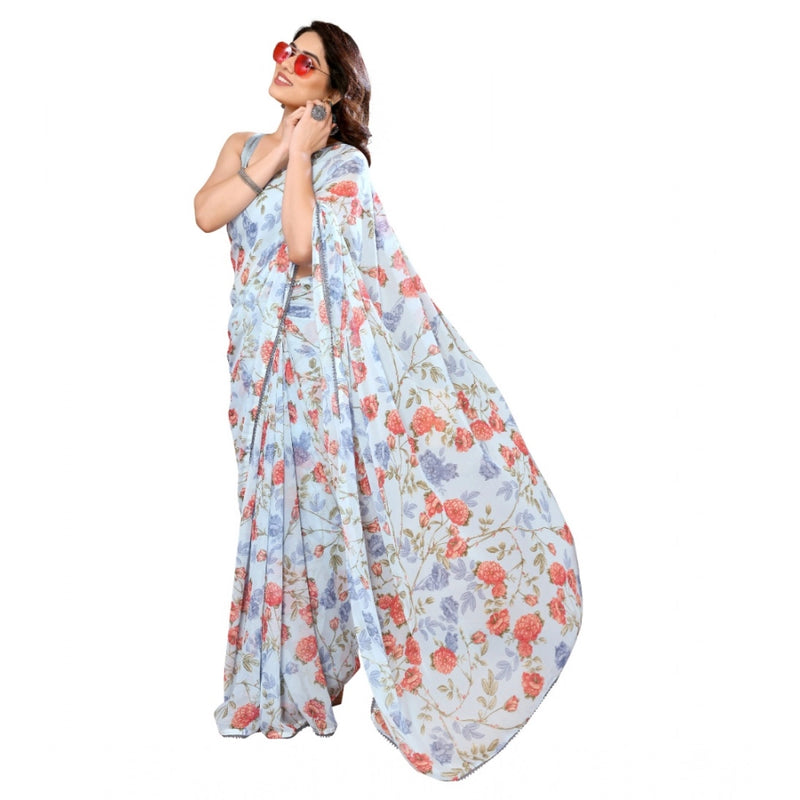Mayawye Women's Small Lace Georgette Printed Ready-to-Wear Saree With Unstitched Blouse 5.5 Mtr (Sky Blue)