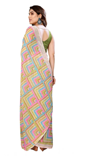 Mayawye Women's Small Lace Georgette Printed Ready-to-Wear Saree With Unstitched Blouse 5.5 Mtr (Green)