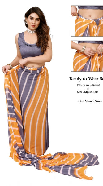 Mayawye Women's Small Lace Georgette Striped Ready-to-Wear Saree With Unstitched Blouse 5.5 Mtr (Orange-Grey)