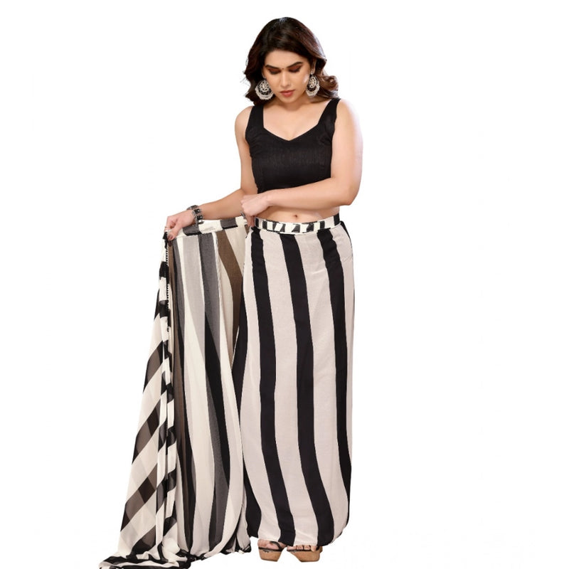 Mayawye Women's Small Lace Georgette Striped Ready-to-Wear Saree With Unstitched Blouse 5.5 Mtr (Black-White)