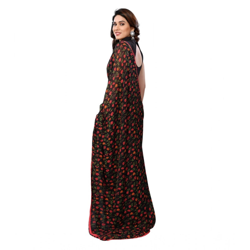 Mayawye Women's Small Lace Georgette Printed Ready-to-Wear Saree With Unstitched Blouse 5.5 Mtr (Black)