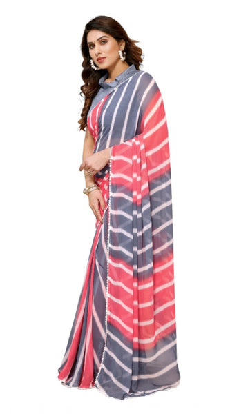Mayawye Women's Small Lace Georgette Striped Ready-to-Wear Saree With Unstitched Blouse 5.5 Mtr (Pink)